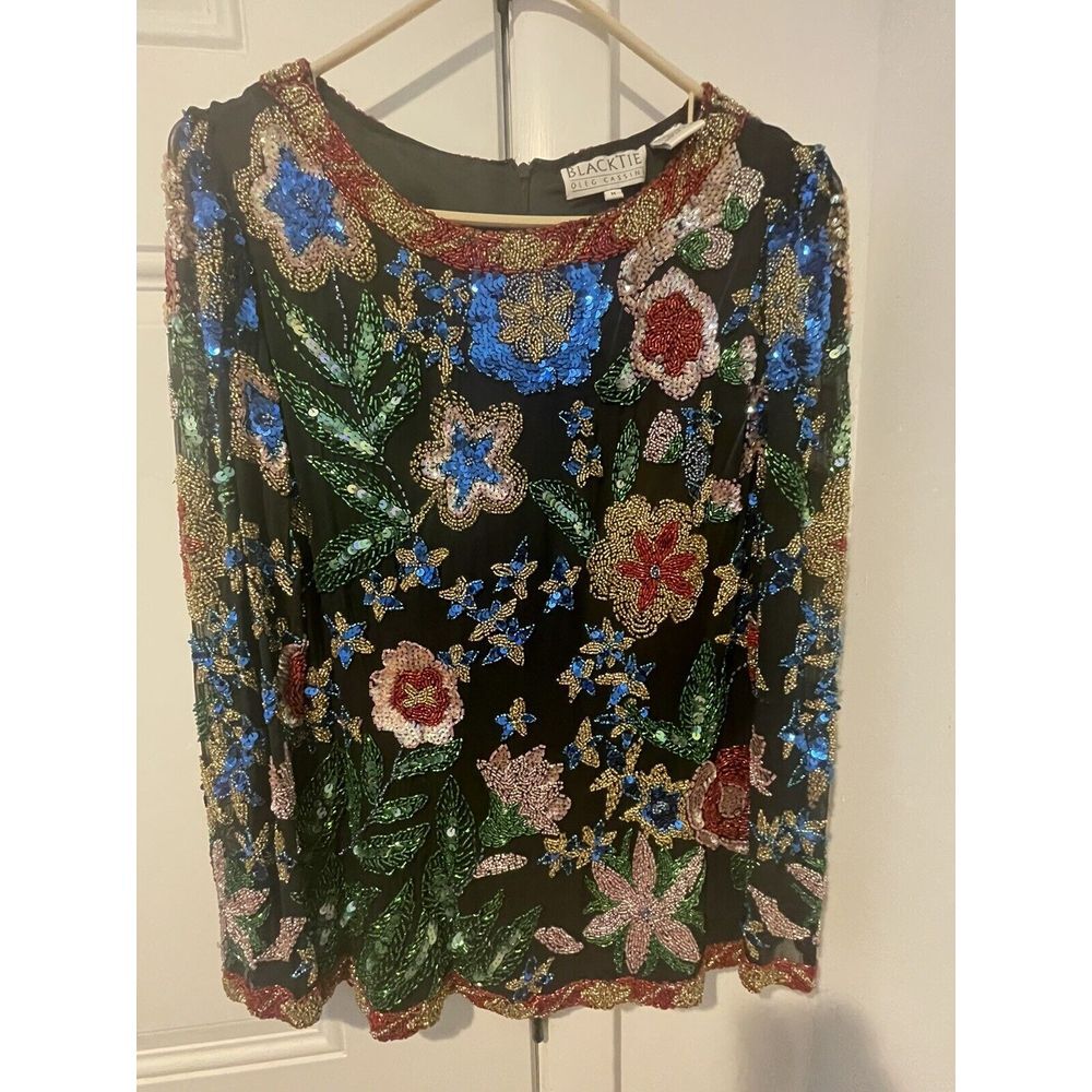 VTG Oleg‎ Cassini Black Tie Beaded Silk Top Flowers Art To Wear Sz M Wow
